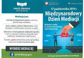 Plakat promujący Międzynarodowy Dzień Mediacji 17 października i Tydzień Mediacji 2019 od 14-18 października