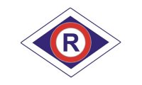 Symbol służby ruchu drogowego litera R koloru niebieskiego wpisana w okrąg o czerwonej oblamówce umieszczony w czworokącie