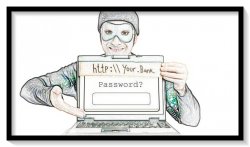 Zdjęcie przedstawia zamaskowanego mężczyznę trzymającego komputer przenośny wskazującego na klawiaturę celem wpisania hasła